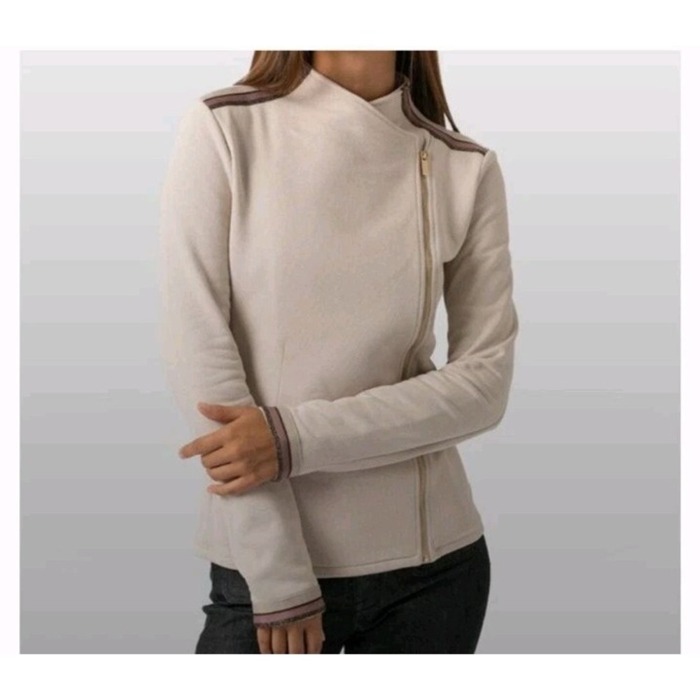 Saint + Sofia Organic Cotton Biker Jacket Size 10 Beige Tan Zip Up Cardigan